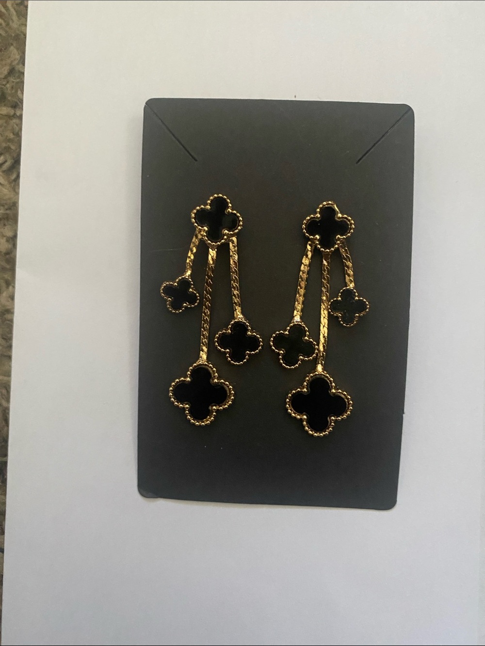 Gold Drop Earrings with Black Clover Motifs - Elegant Women’s Jewelry